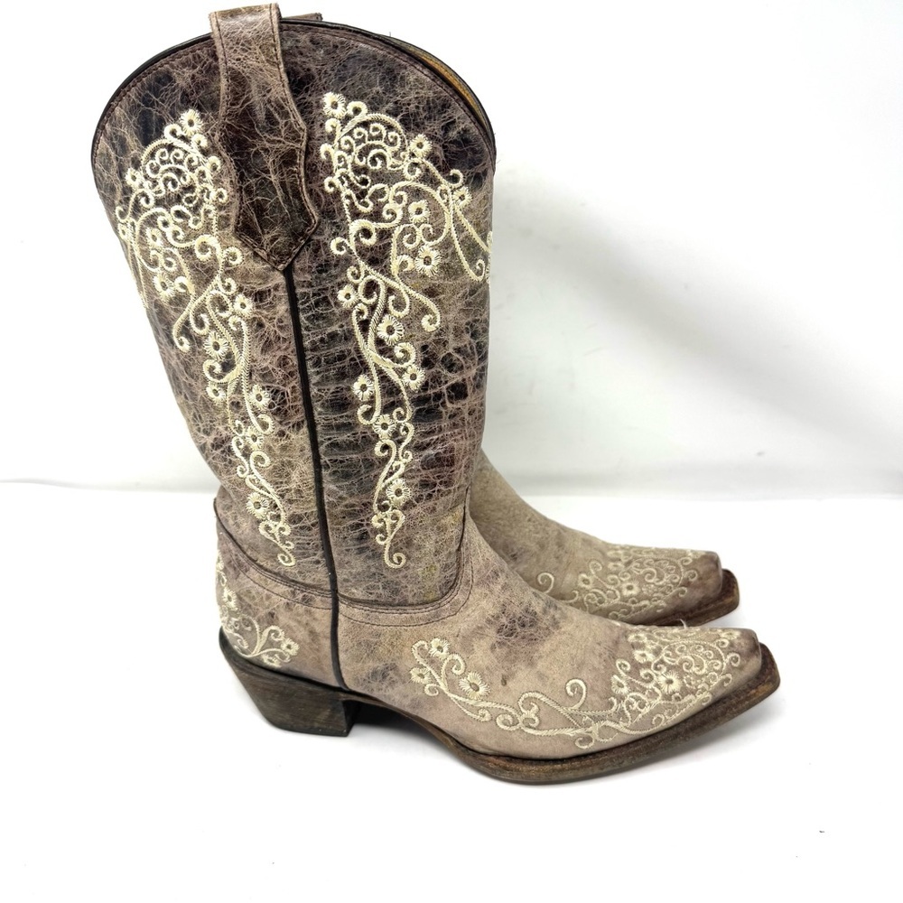 Corral Crater Brown Leather Embroidered Snip Toe Cowgirl Boots Teen Women Sz 5